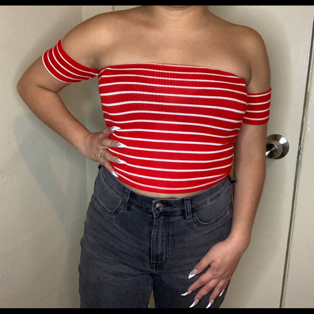 Forever 21 Red striped Crop Top off the shoulder